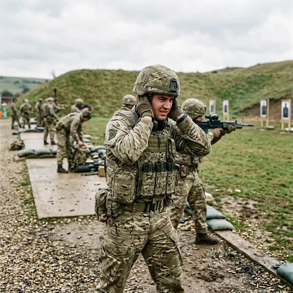Soldier Covering ears in firing range